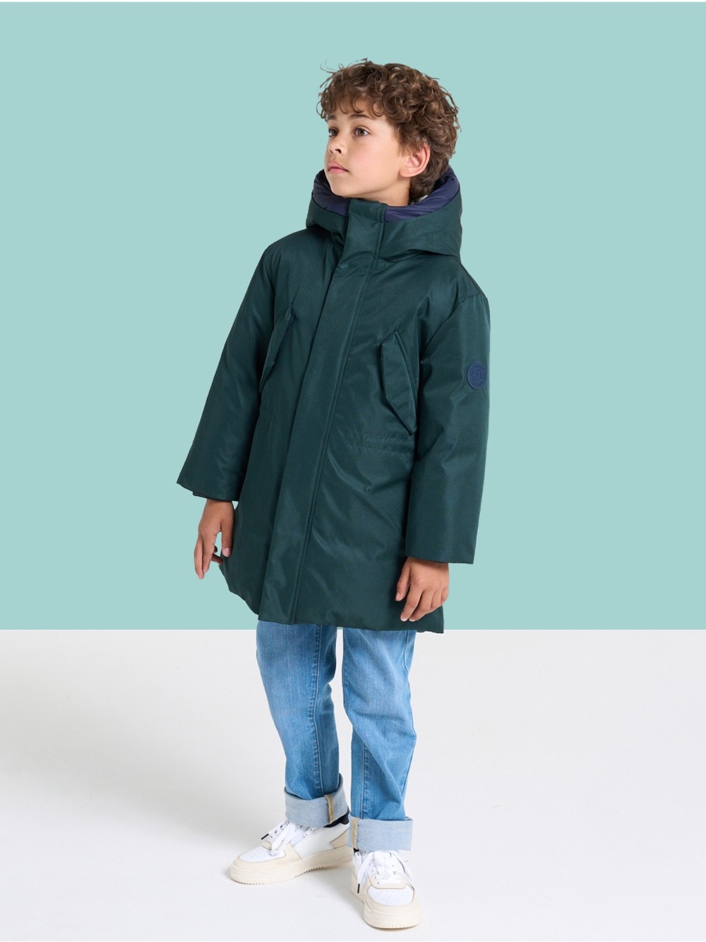 Jacadi Dark Blue / Teal Hooded Down Parka Coat for Kids (Sherpa-lined hood)